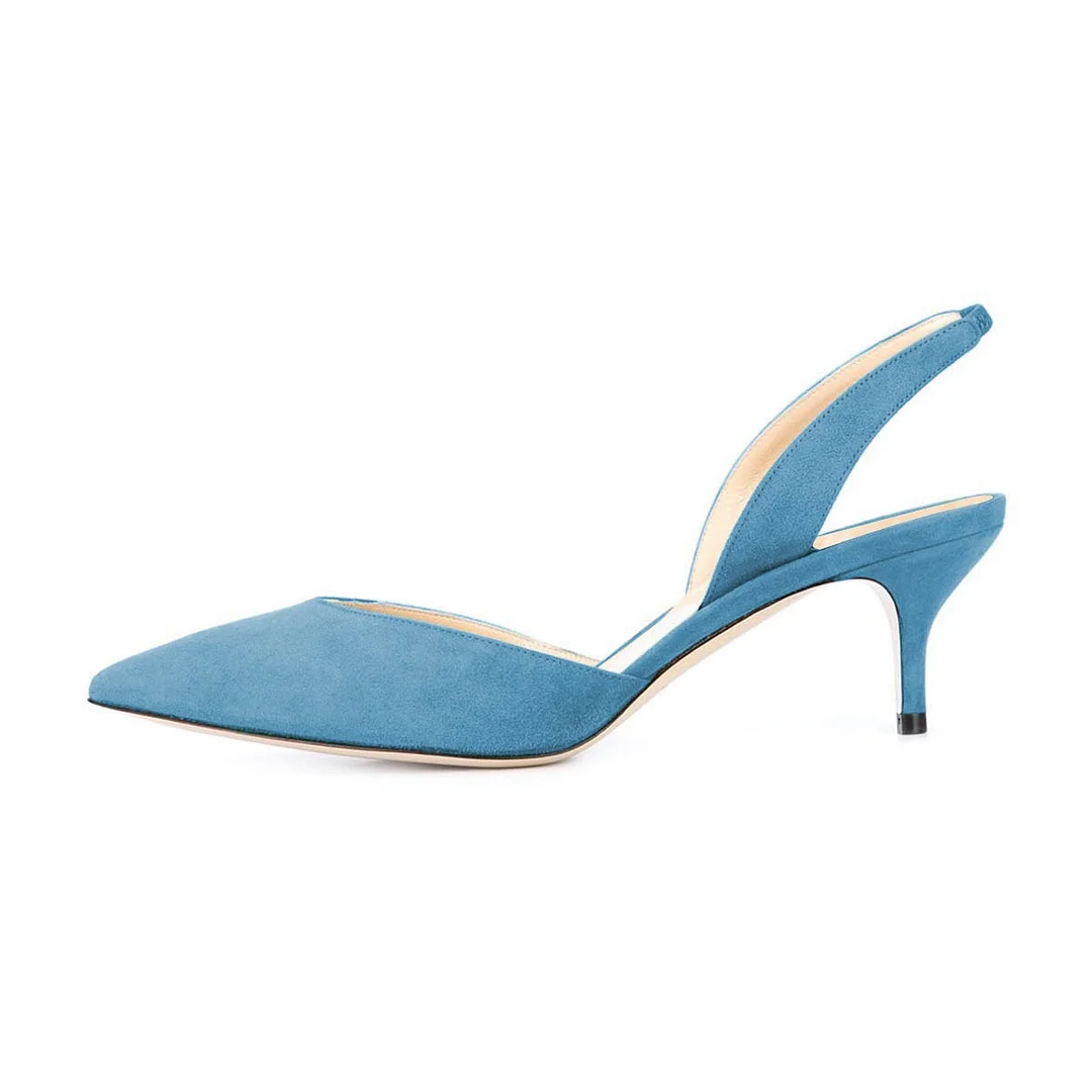 Blue Faux Suede Pointed Toe Slingback Classy Kitten Heel Pumps