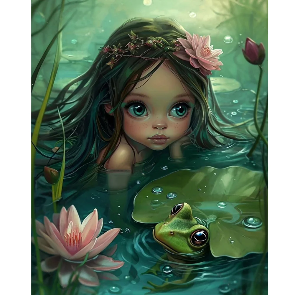 Full Round Diamond Painting - Frog Lotus Leaf Girl(Canvas|40*50cm)