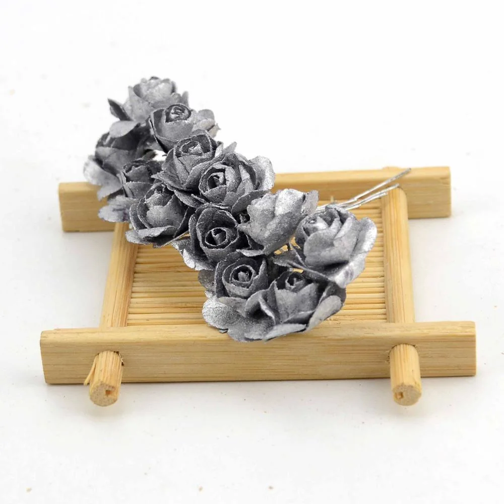 144Pcs Head 2cm Gold Silver Plum Flower Artificial Mini Paper Rose Scrapbooking Flowers For Party Wedding Decoration Gift Supply