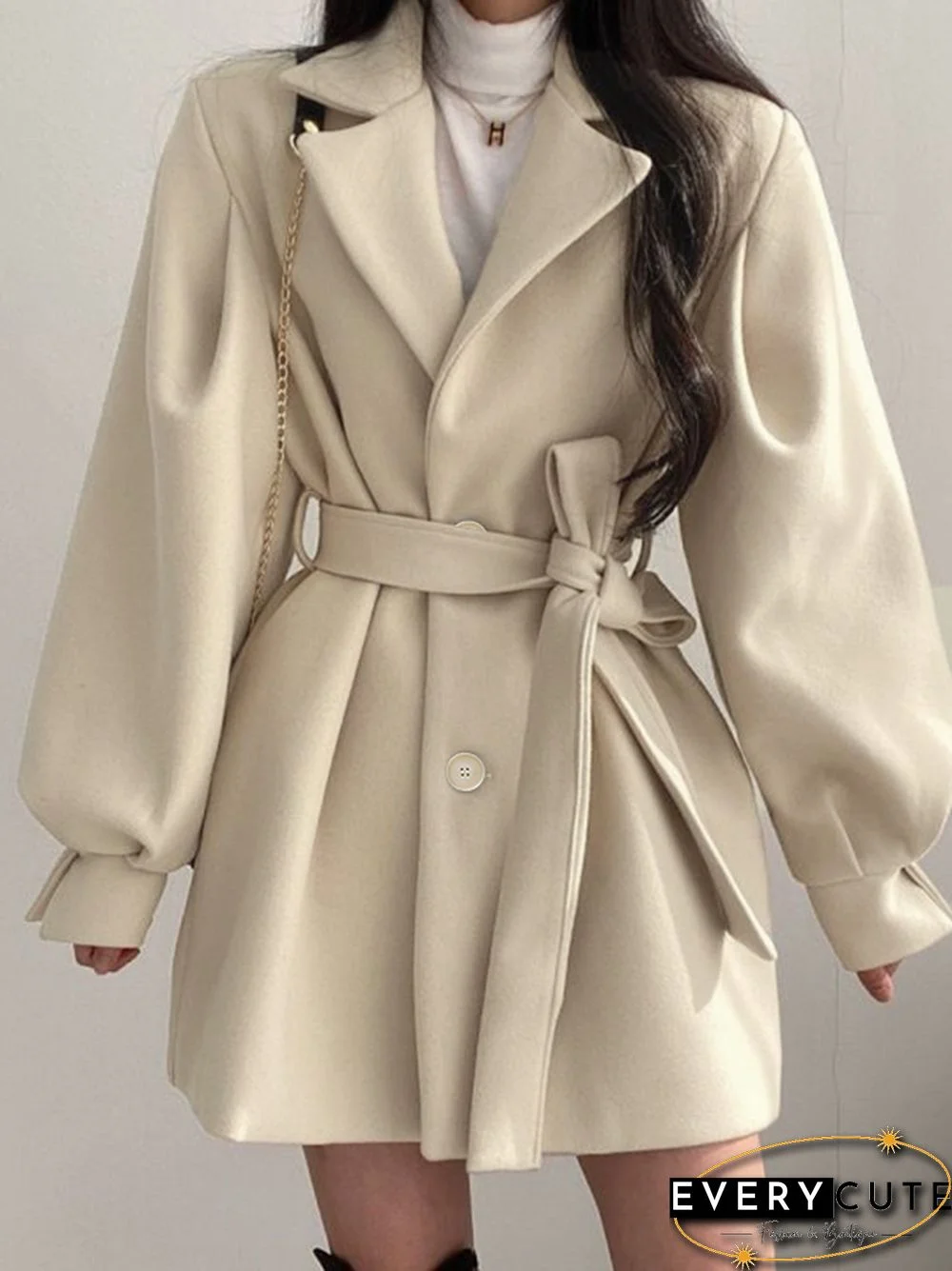 Puff Sleeve Belted Woolen Coat