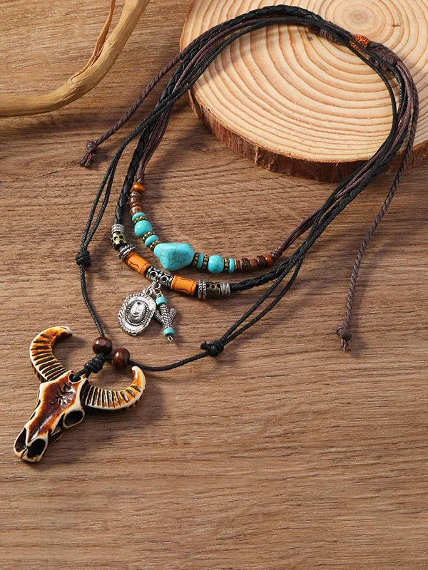 Men's Retro Braided Beaded Alloy Pendant Multi-Layer Necklace