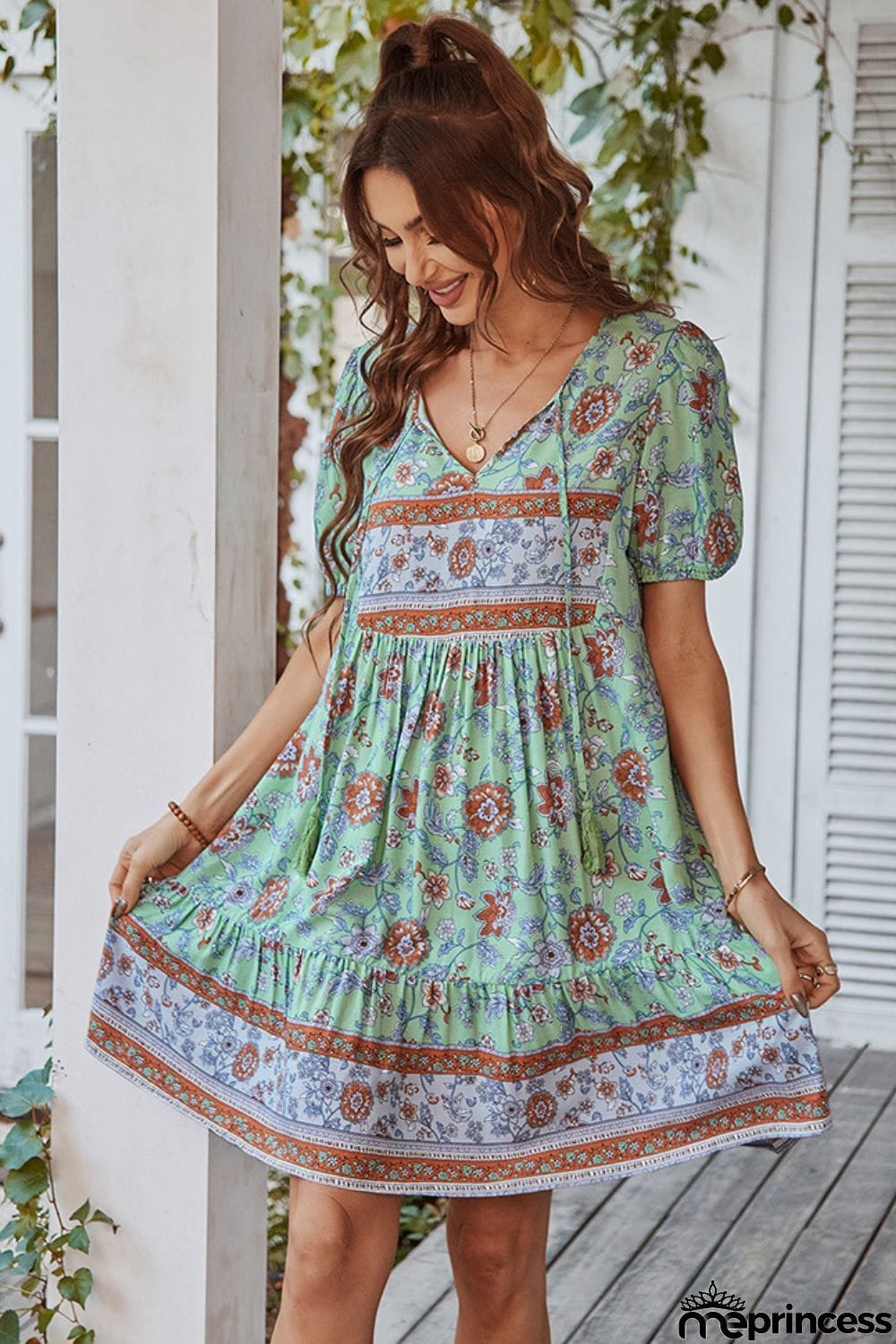 Tie Neck Short Sleeve Mini Dress
