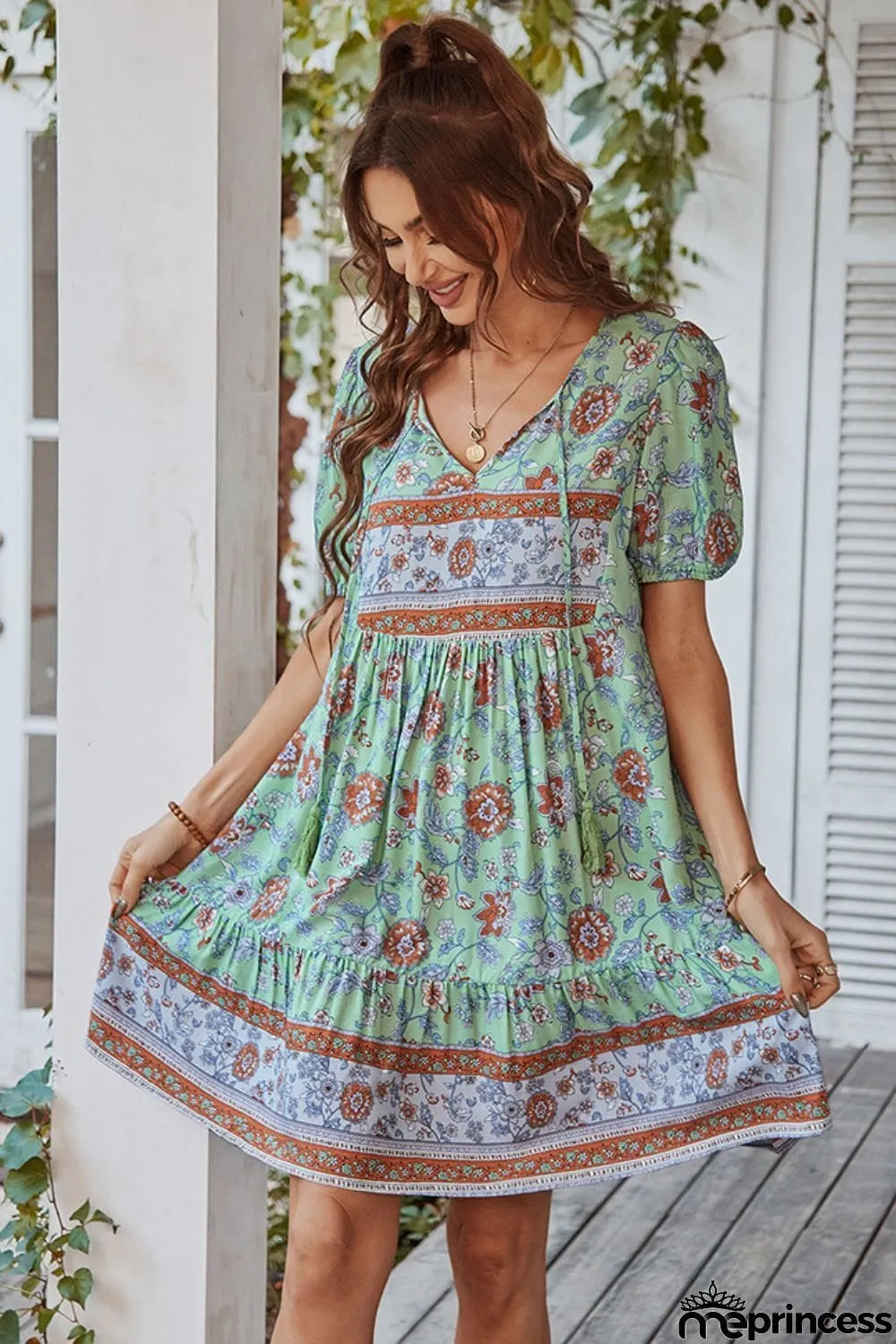 Tie Neck Short Sleeve Mini Dress