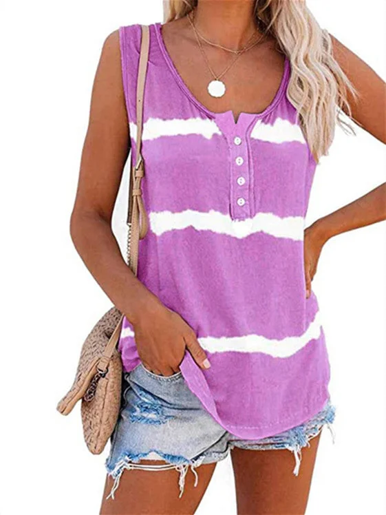 Women plus size clothing Women's Striped Sleeveless V-neck Buttons Top-Nordswear