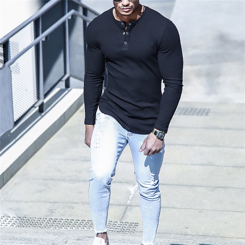Men‘s  Casual Round Neck Long Sleeve Henry Shirt