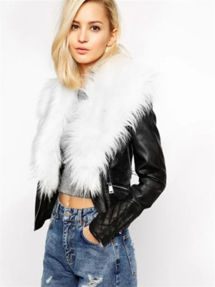 Big Size Women's Zipper Biker Leather Jacket Female Short Jacket Faux Fur Fur Collar Splicing Leather Jacket Coat-Cosfine