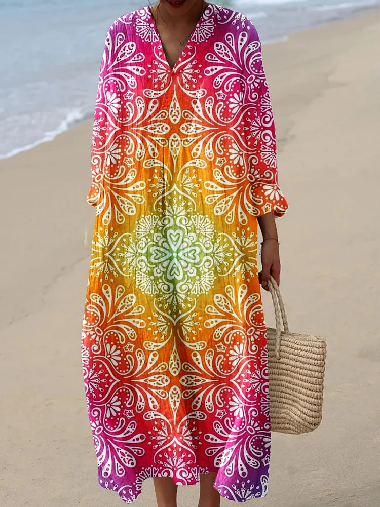 Womens Artistic Gradient Floral Pattern Print Casual Cotton And Linen Dress