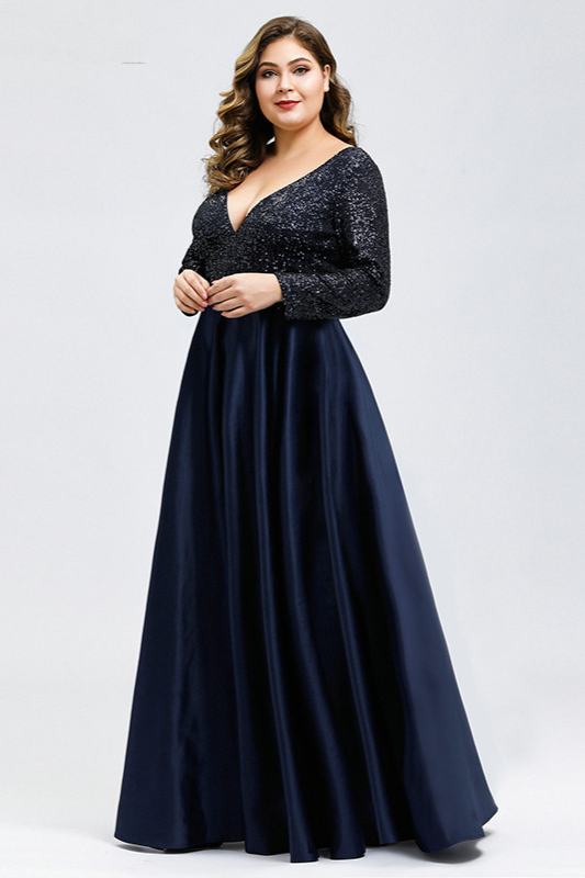 Gorgeous Long Sleeve Sequins Prom Dress Navy V Neck Plus Size Evening Gowns 0476