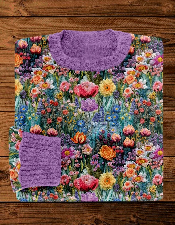 VChics Colorful Blooming Flower Embroidery Art Cozy Sweater