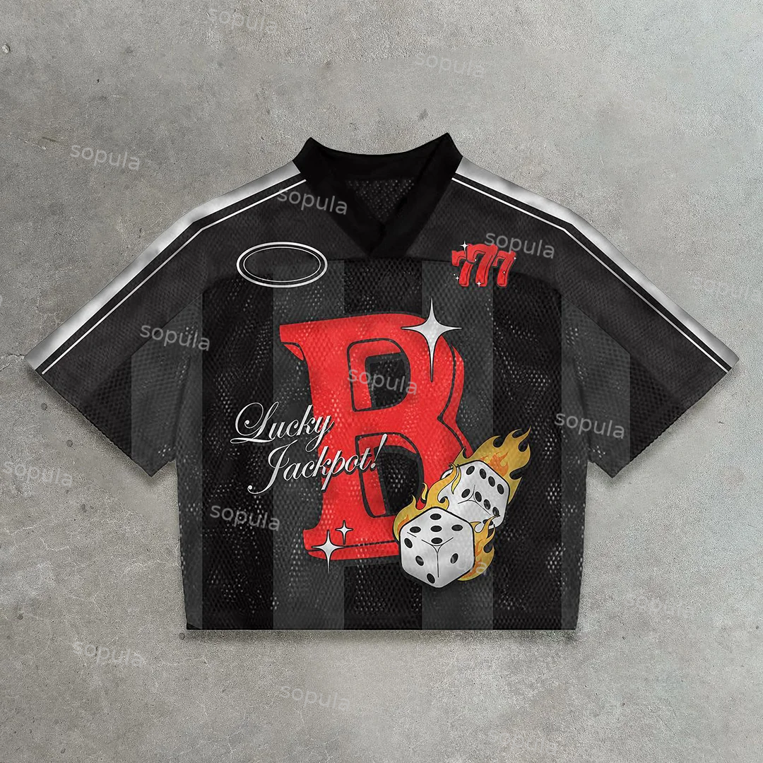 Vintage Lucky 777 Graphics Blokecore Blokette Cotton Football V-neck Jersey T-shirt - Sopula｜Premium Graphic Tees & Graphic Clothing