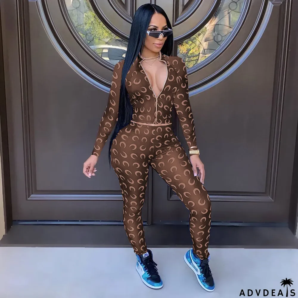 Fashion Multi-color Printed Zipper Sports Casual Suit