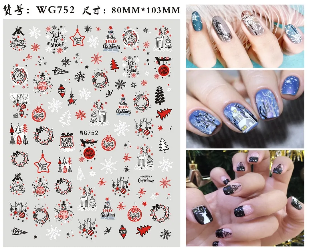 Merry Christmas Deer 3D Nails Sticker Winter Snowflake Elk Xmas Trees Cartoon Adhesive Sliders Nail Art Accessories Decals-Nail Inspo