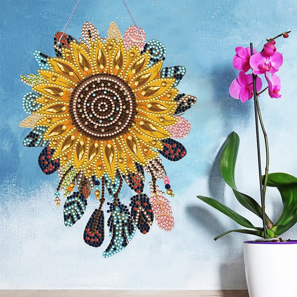 DIY Sunflower Dreamcatcher Acrylic Single-Sided Diamond Painting Hanging Pendant for Home Wall Decor 