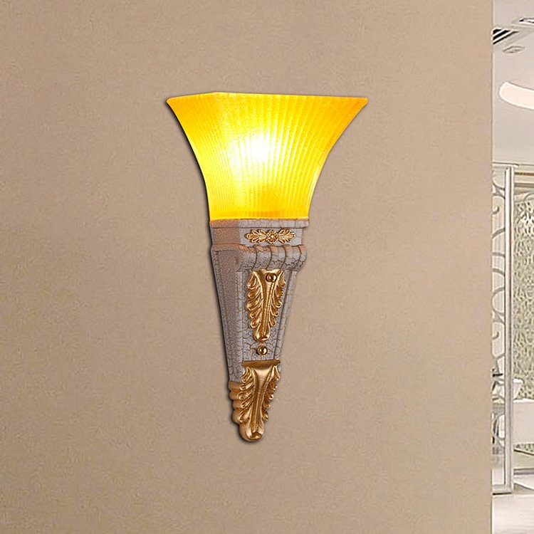 Modern Style Bell Wall Lighting 1 Bulb Yellow Glass and Resin Wall Mounted Lamp in Gold/White for Foyer, 14"/19" W