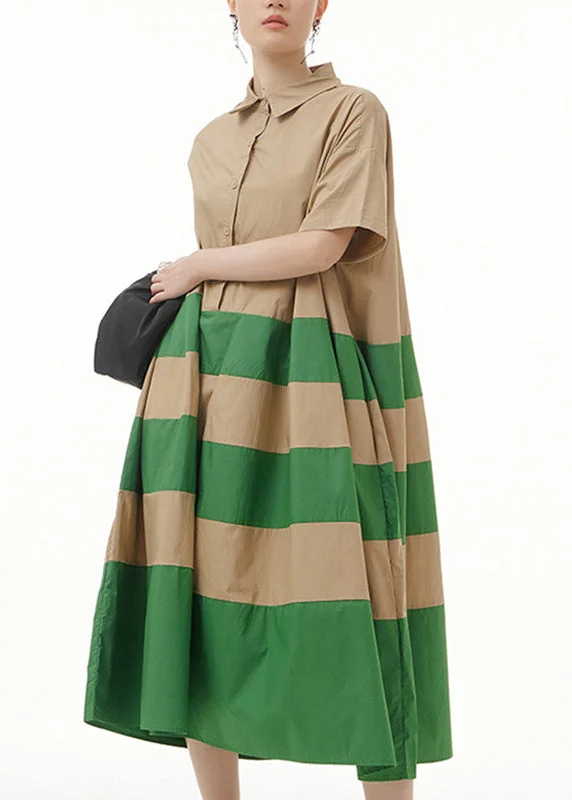 5.1Loose Green Striped Patchwork Cotton Maxi Dresses Short Sleeve