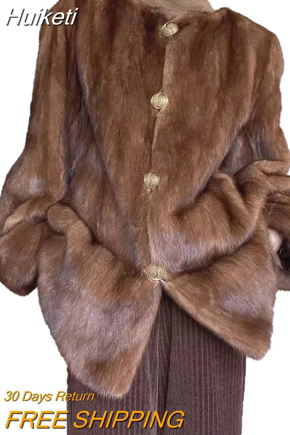 Huiketi Autumn Winter Elegant Thick Warm Soft Fluffy Brown Faux Mink Fur Coat Women Single Breasted Luxury Designer Outerwear