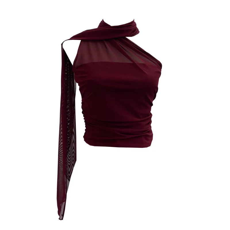 Nigikala Nigikala Shooting 2025 Spring New Mesh Hanging Neck Top Women With Asymmetric Sleeveless Vest Short Top 1125