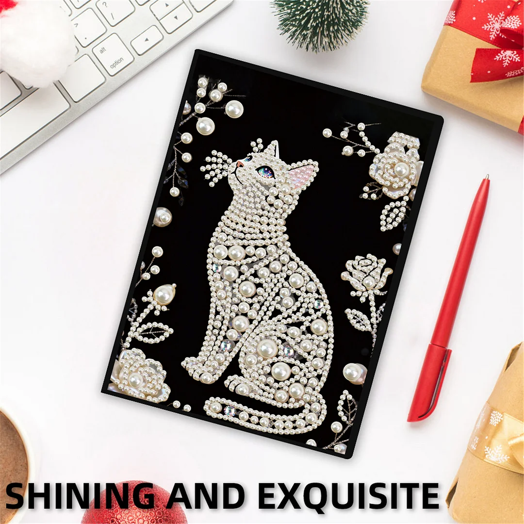 Flowers and Cat Partial Pearl DIY 50 Pages A5 Diamond Painting Notebook Special Shaped Diamond Art Diary Book Kits Wireless Strip 5D Crystal Art Paintings Sketchbook for Art Drawing