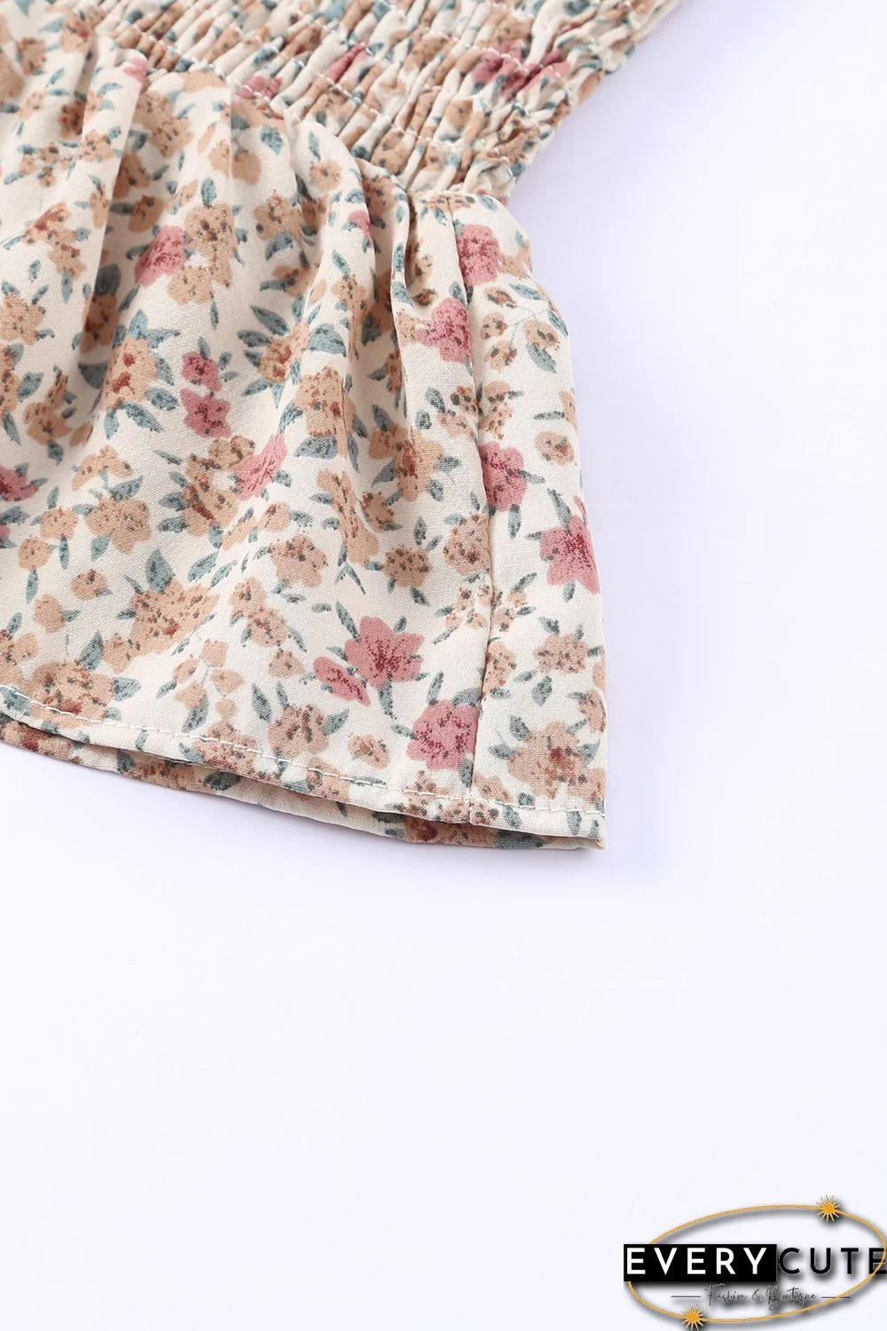 Khaki Floral Print Tie Straps Smocked Peplum Vest