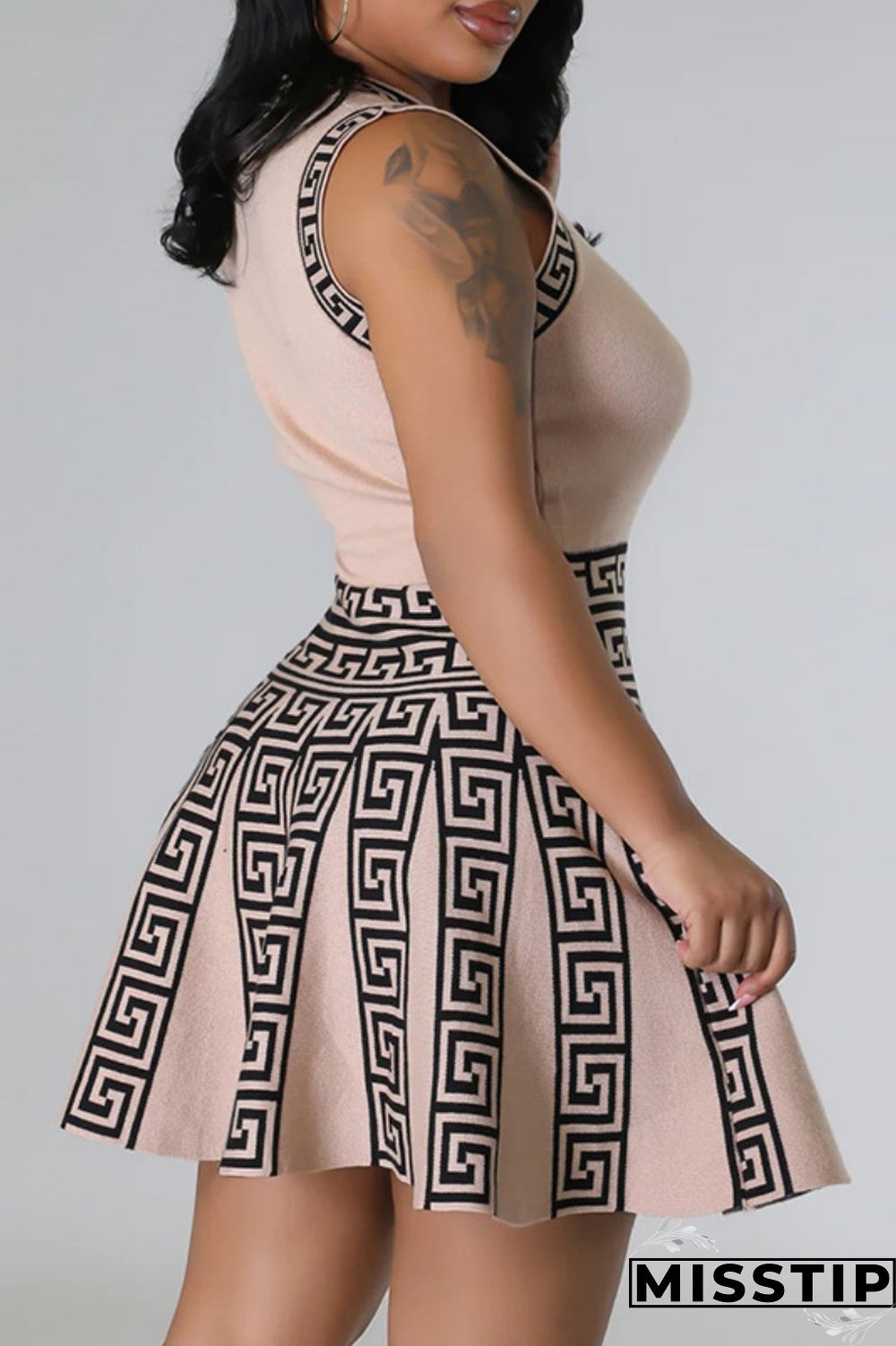 Apricot Casual Print Patchwork O Neck Sleeveless Dress Dresses