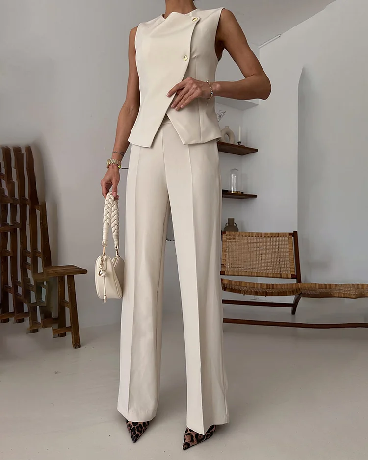 Women's solid color trousers and vest suit