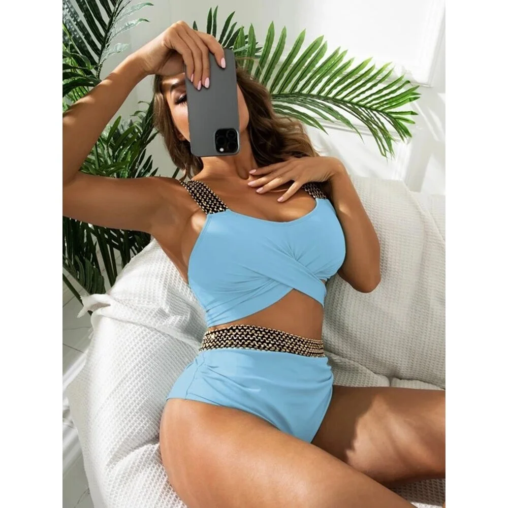 2022 New Women Two Piece Cross Wrap Bathing Suit Tie Back High Waist Tummy Control Swimsuit Curvy Bikini Set Swimwear biquini