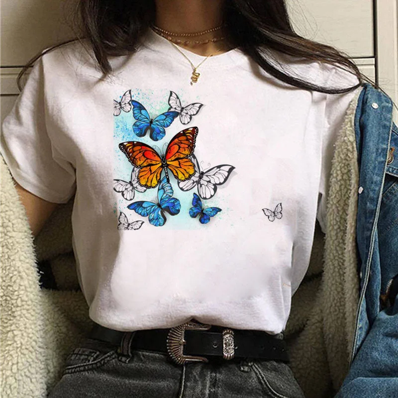 Women Red and Black Butterfly Fashion T Shirt Girl Harajuku Korean Style Graphic Tops Valentine's Day Female T-shirt,Drop Ship