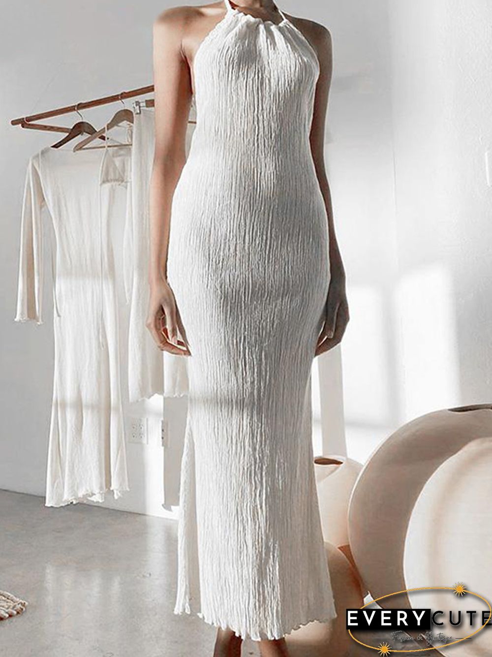 Solid Halter Sleeveless Ruffle Split Long Dress Female Sexy Backless Stylish Party Summer