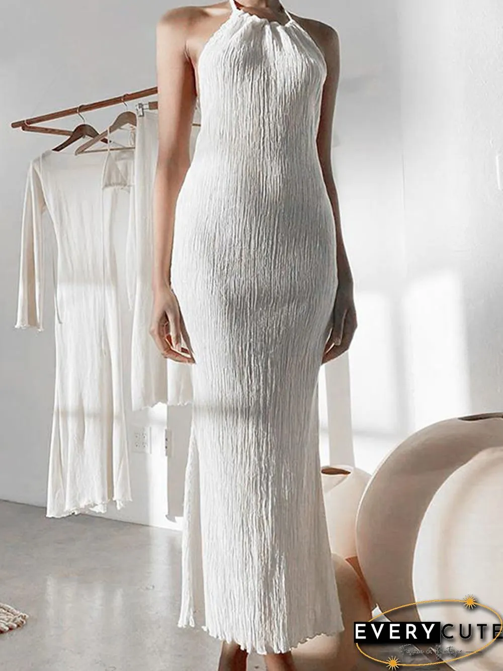Solid Halter Sleeveless Ruffle Split Long Dress Female Sexy Backless Stylish Party Summer
