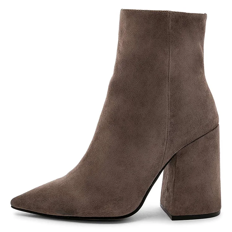 Dark Grey Vegan Suede Pointy Toe Block Heel Ankle Boots |FSJ Shoes