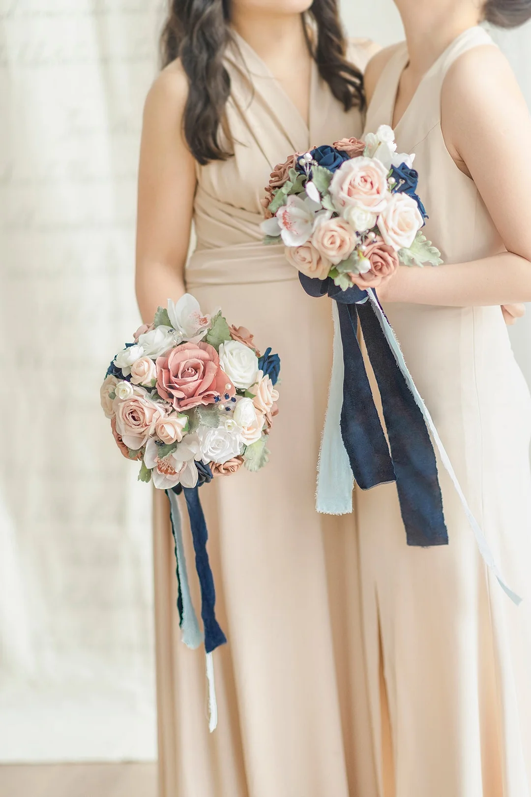 Maid of Honor & Bridesmaid Bouquets in Dusty Rose & Navy