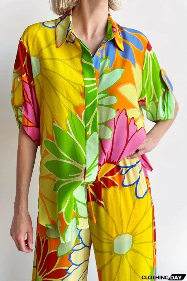 Savina Colorful Floral Print Button Down Oversized Blouse