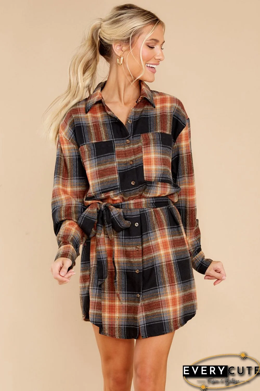 Plaid Chest Pocket Shirt Mini Dress with Belt