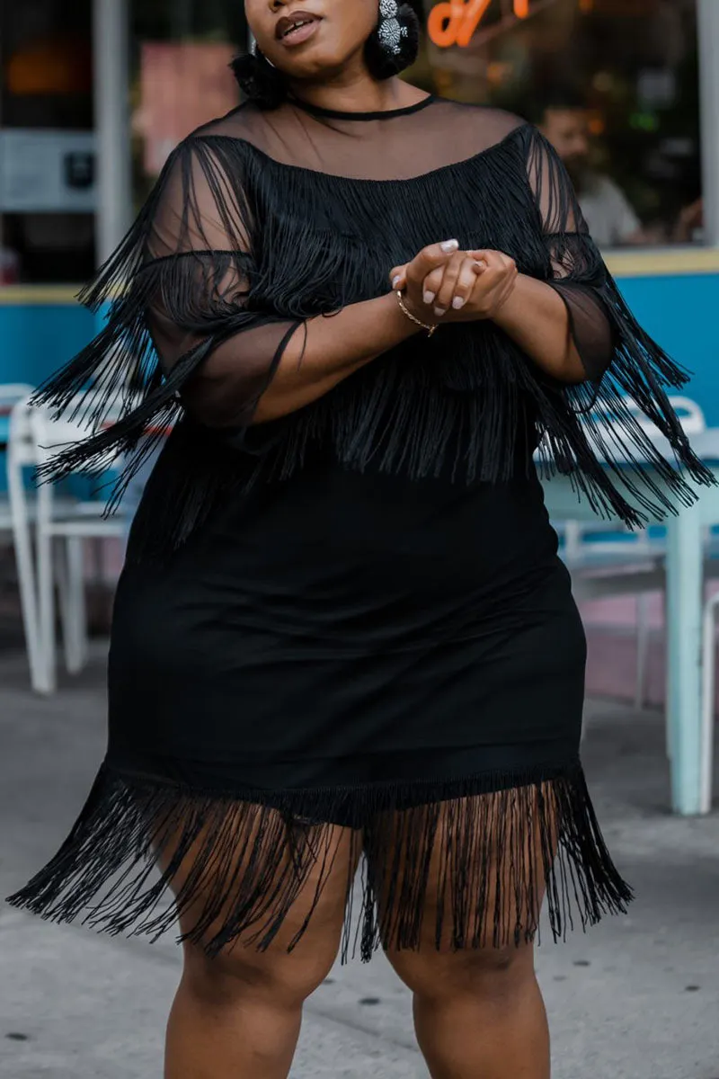 Plus Size Plain Midi Dresses Sheer Fringed