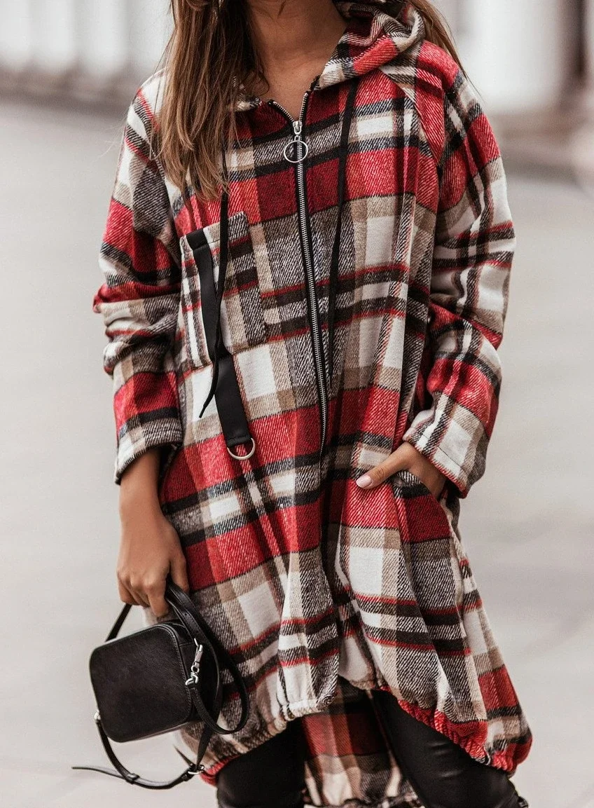 Casual Plaid Zip Long Sleeve Hooded Outerwear | IFYHOME