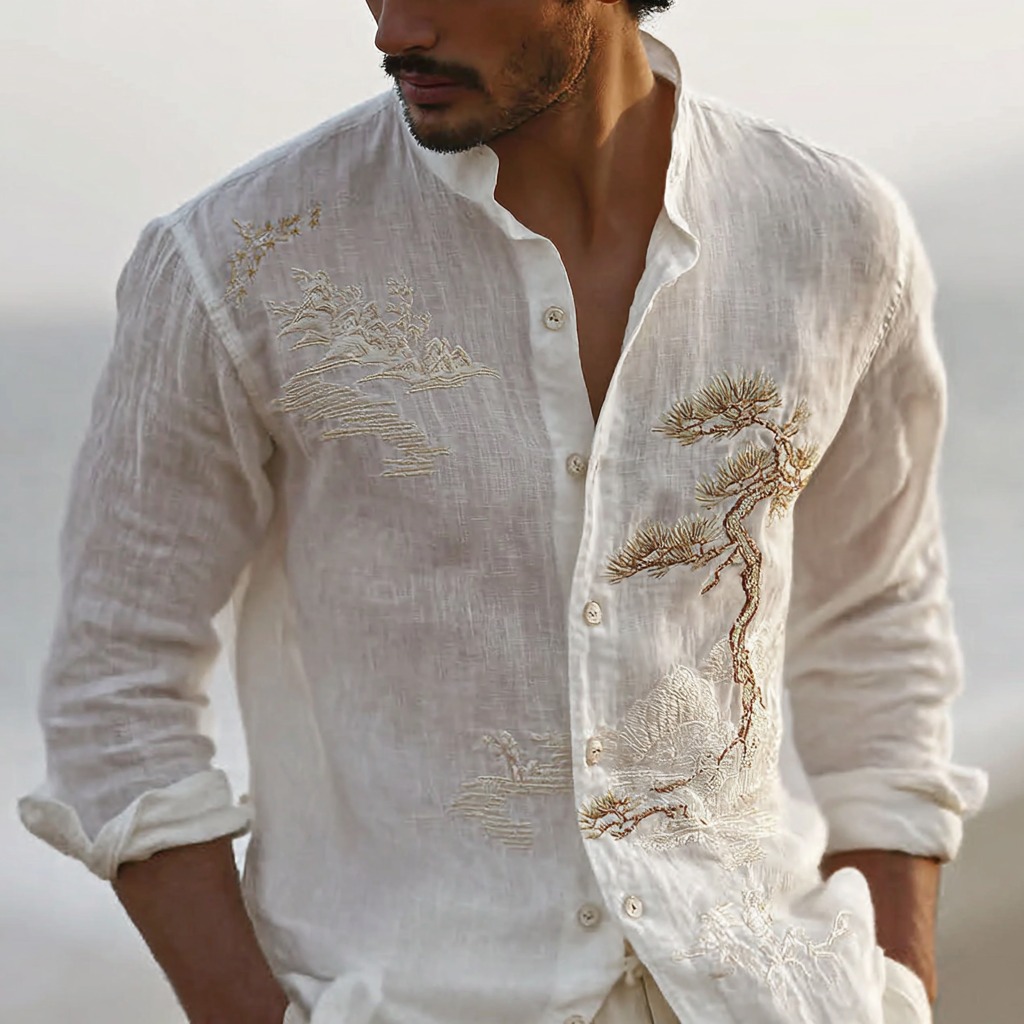 Men's Japanese-style Pine Tree And Cherry Blossom Pattern Linen Blend Shirt  artssus