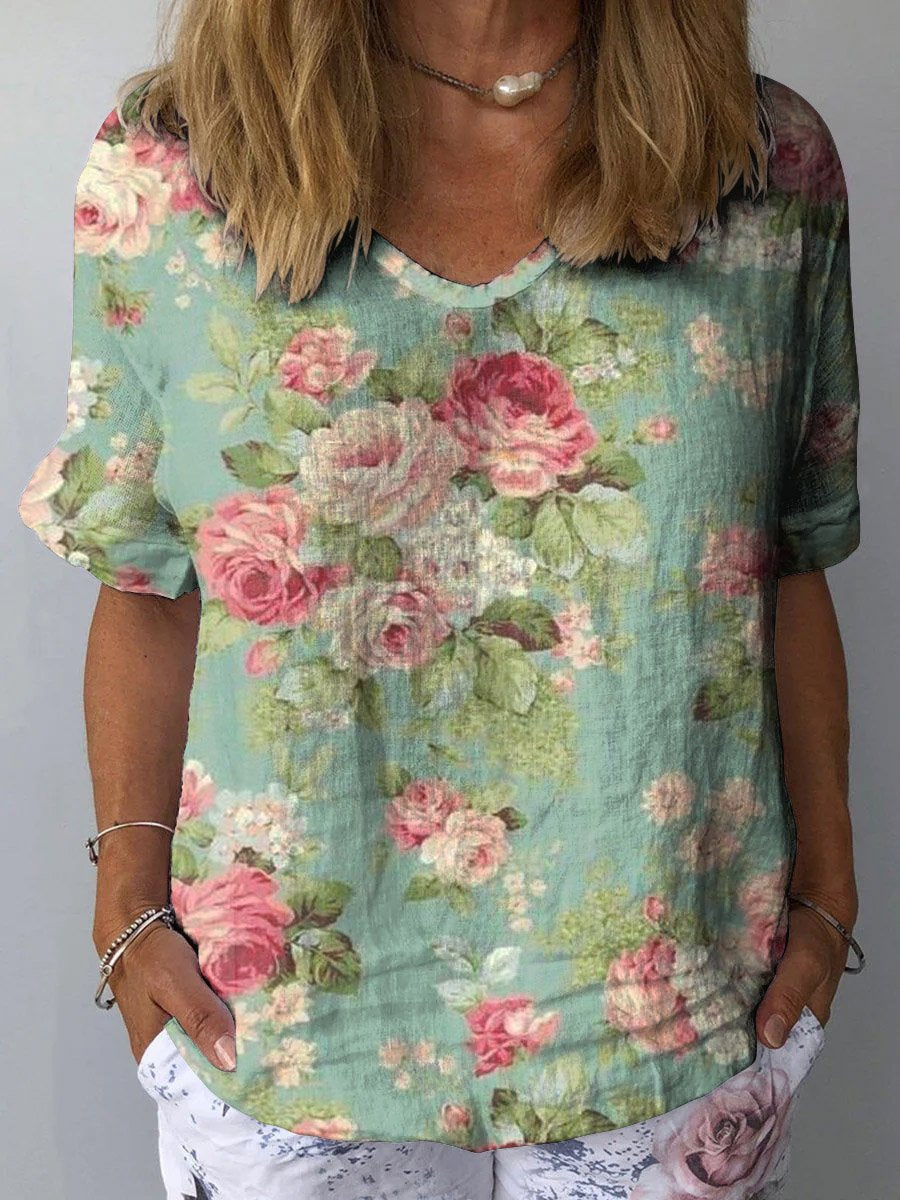 Women's Retro Floral Art Print Casual Cotton And Linen Shirt