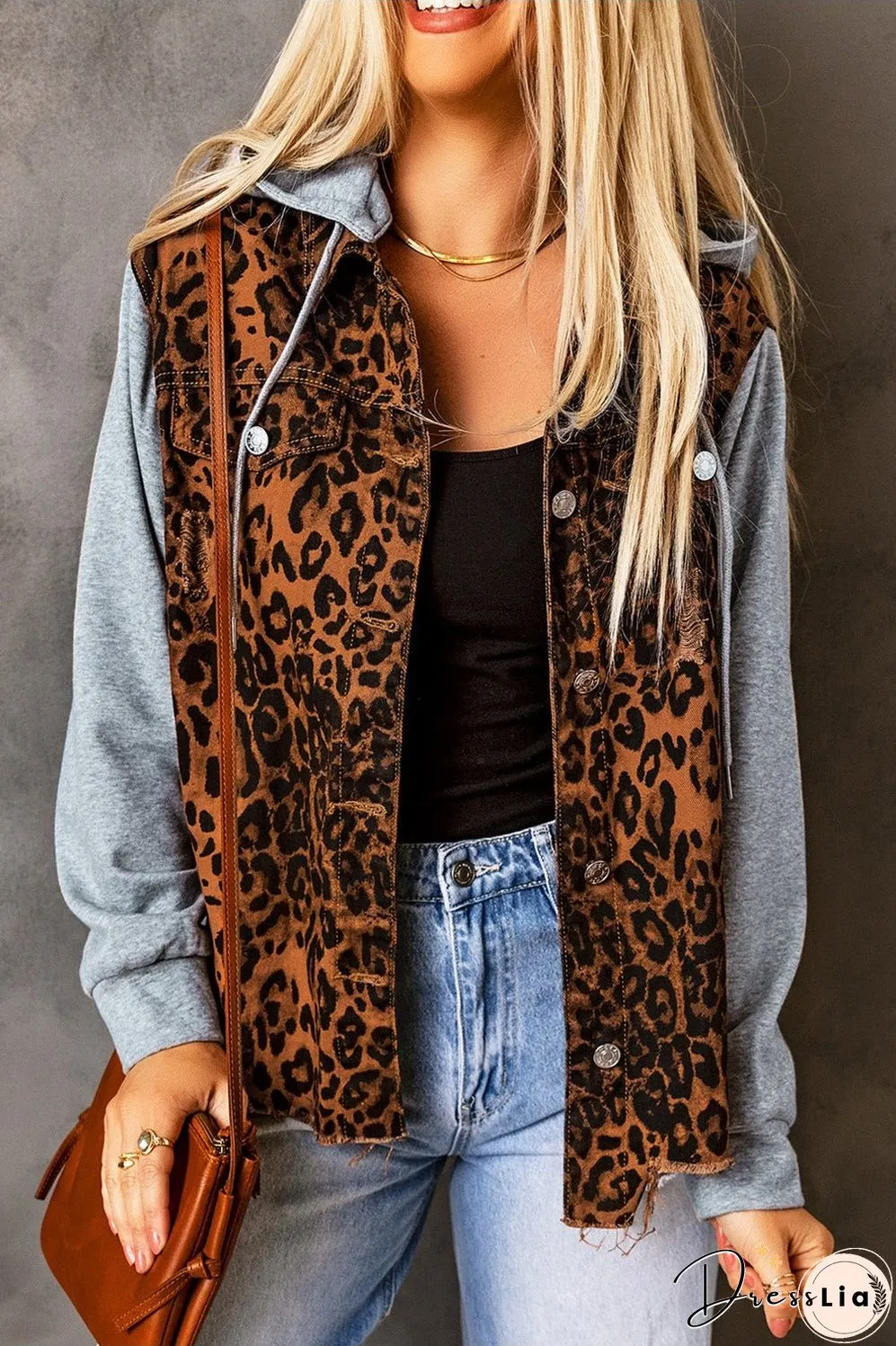 Leopard Distressed Drawstring Hooded Denim Jacket