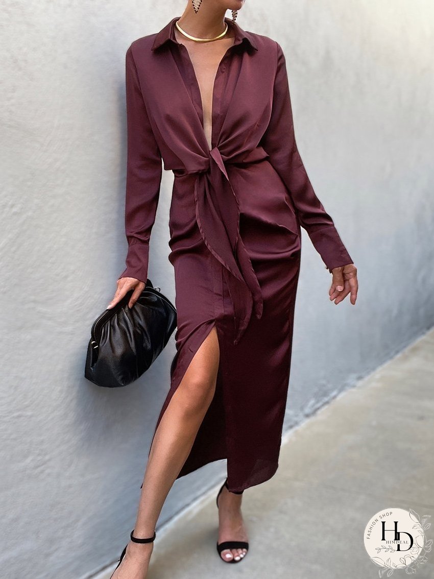 Dresses Fashionable Deep V-Neck Forged Face Lace-Up Slit Dress for Women