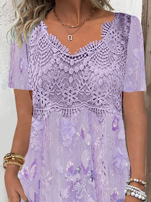 Women's Short Sleeve V-neck Floral Printed Lace Stitching Midi Dress