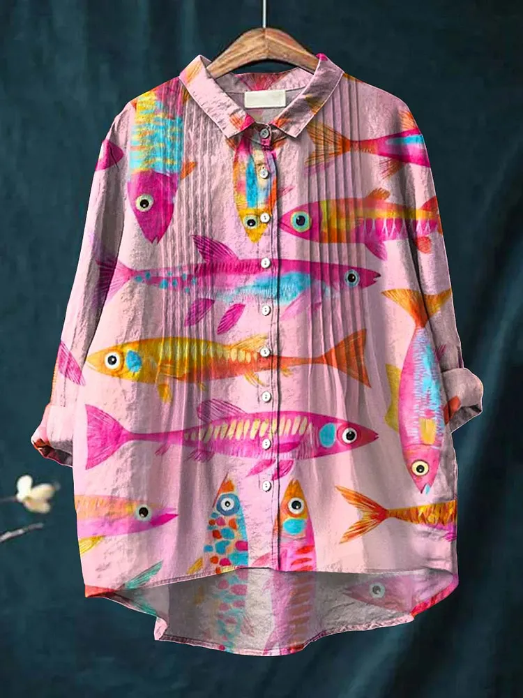 Women's Abstract Art Creative Fish Print Casual Cotton And Linen Ruffle Shirt