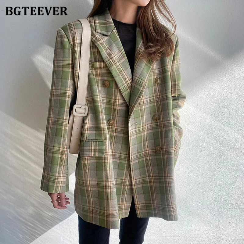 BGTEEVER Vintage Loose Women Jacket Plaid Blazer Autumn Chic Double Breasted Female Long Suit Jackets Stylish Ladies Blazer