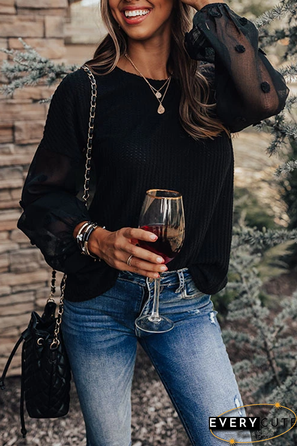 Polka Dot Mesh Sleeve Waffle Knit Top