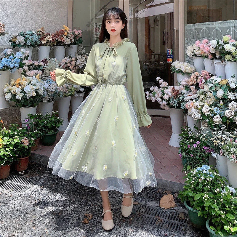 Spring College Chiffon Long Sleeve Fairy Dress Party Green Dresses Kawaii Clothes Women Clothing Harajuku Korean Lace Fashion 515