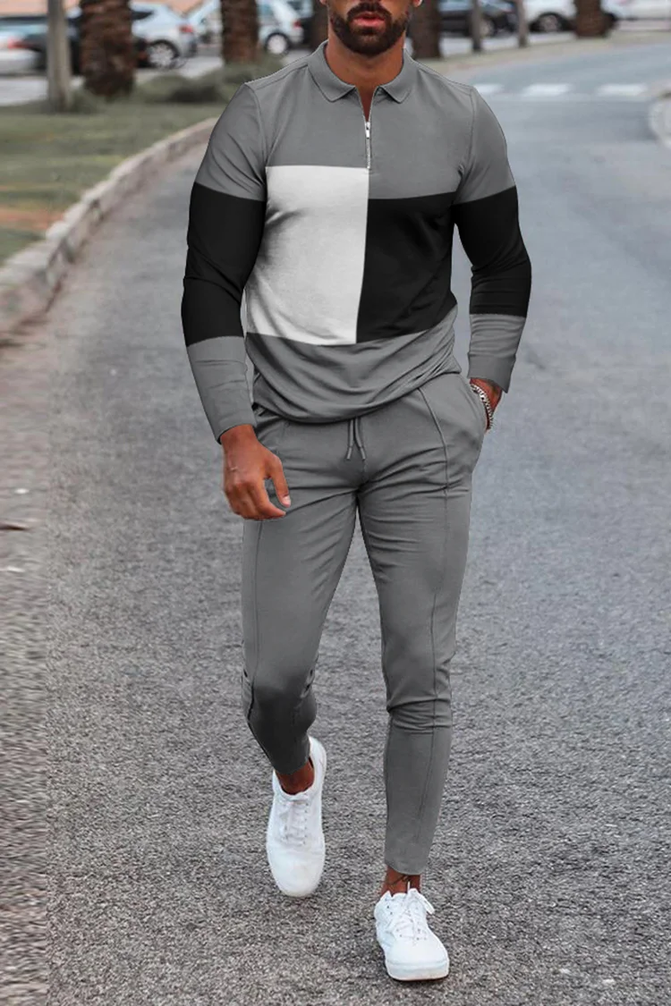 Color Block Polo Shirt And Pants Two Piece Set