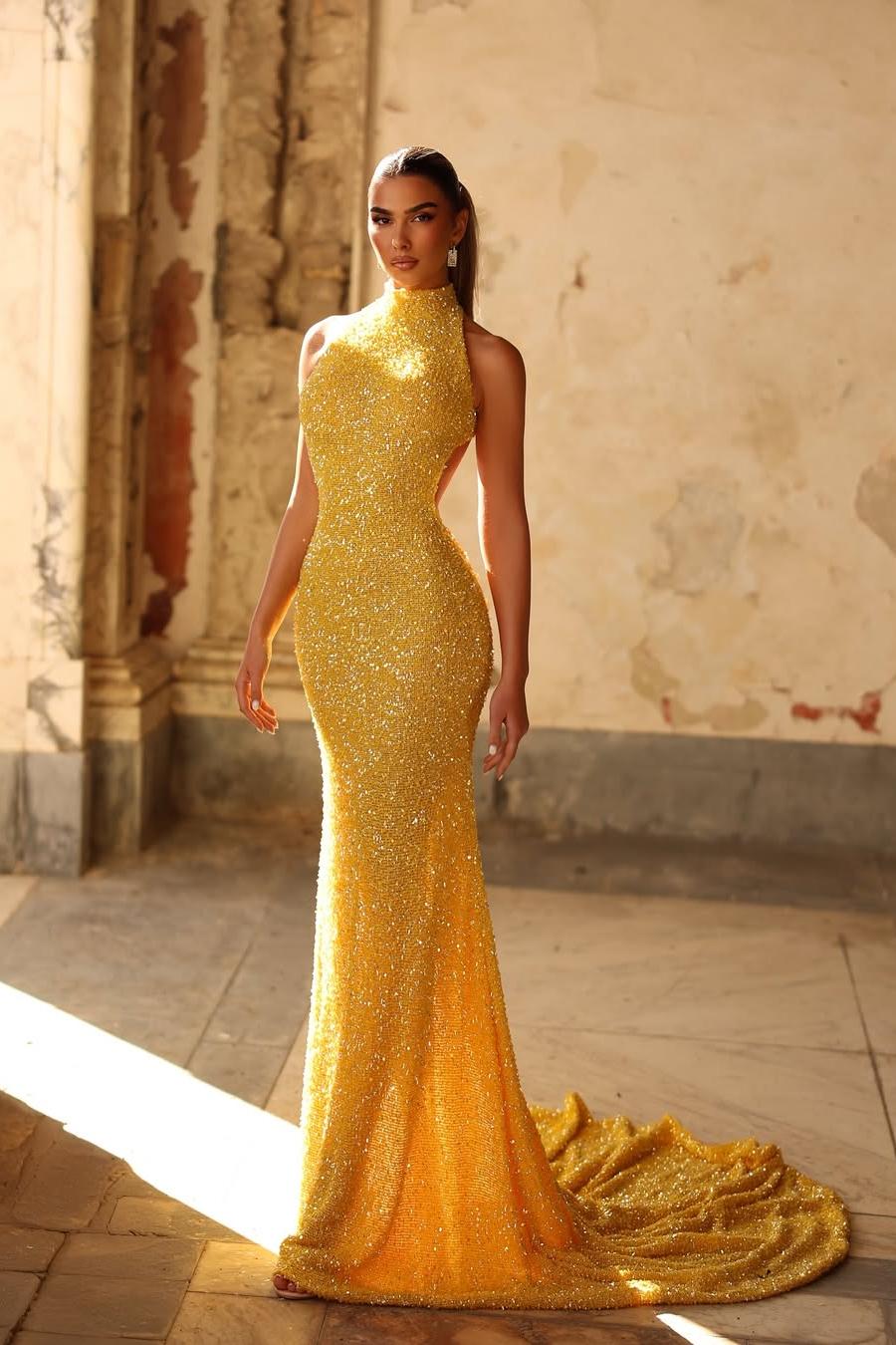 Lussooy Stunning Yellow Sequins Sleeveless High Neck Slim Long Prom Dress 