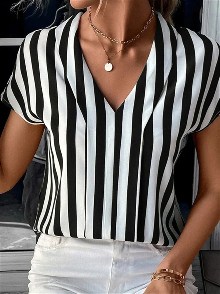 Women's Summer New Striped Loose Printed Top Casual V-Neck Shirt-Cosfine