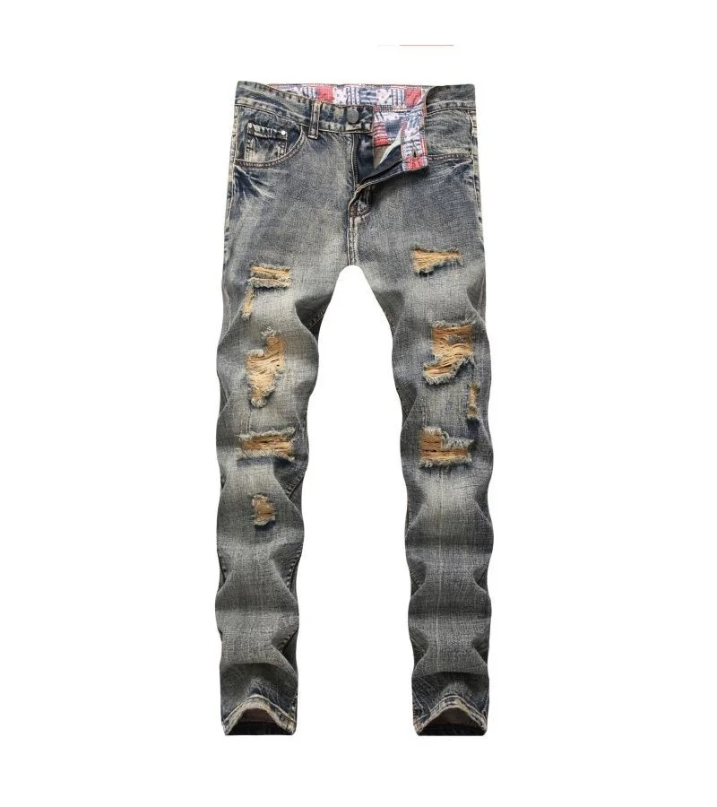 Retro Style Men Cotton Slim Fit Ripped Jeans
