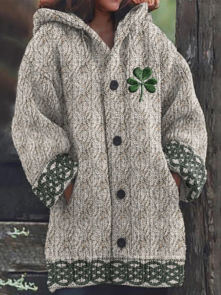VChics Women's Irish Celtic Knot Jacquard Hooded Sweater Cardigan