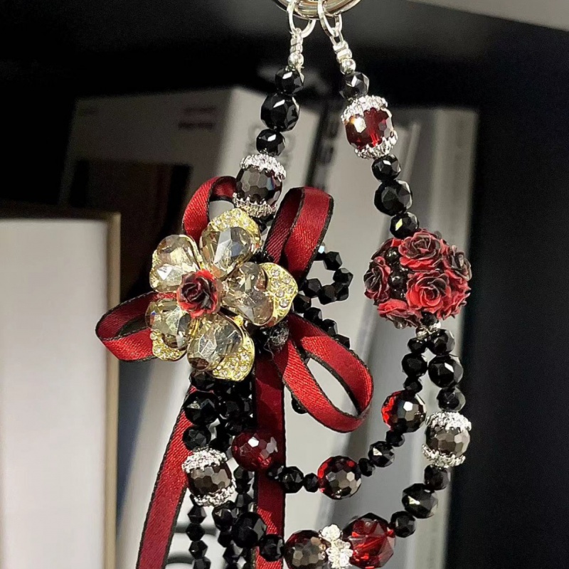 handcrafted gothic style dark rose beaded chain for phone straps, bag charms, and decorative accessories.